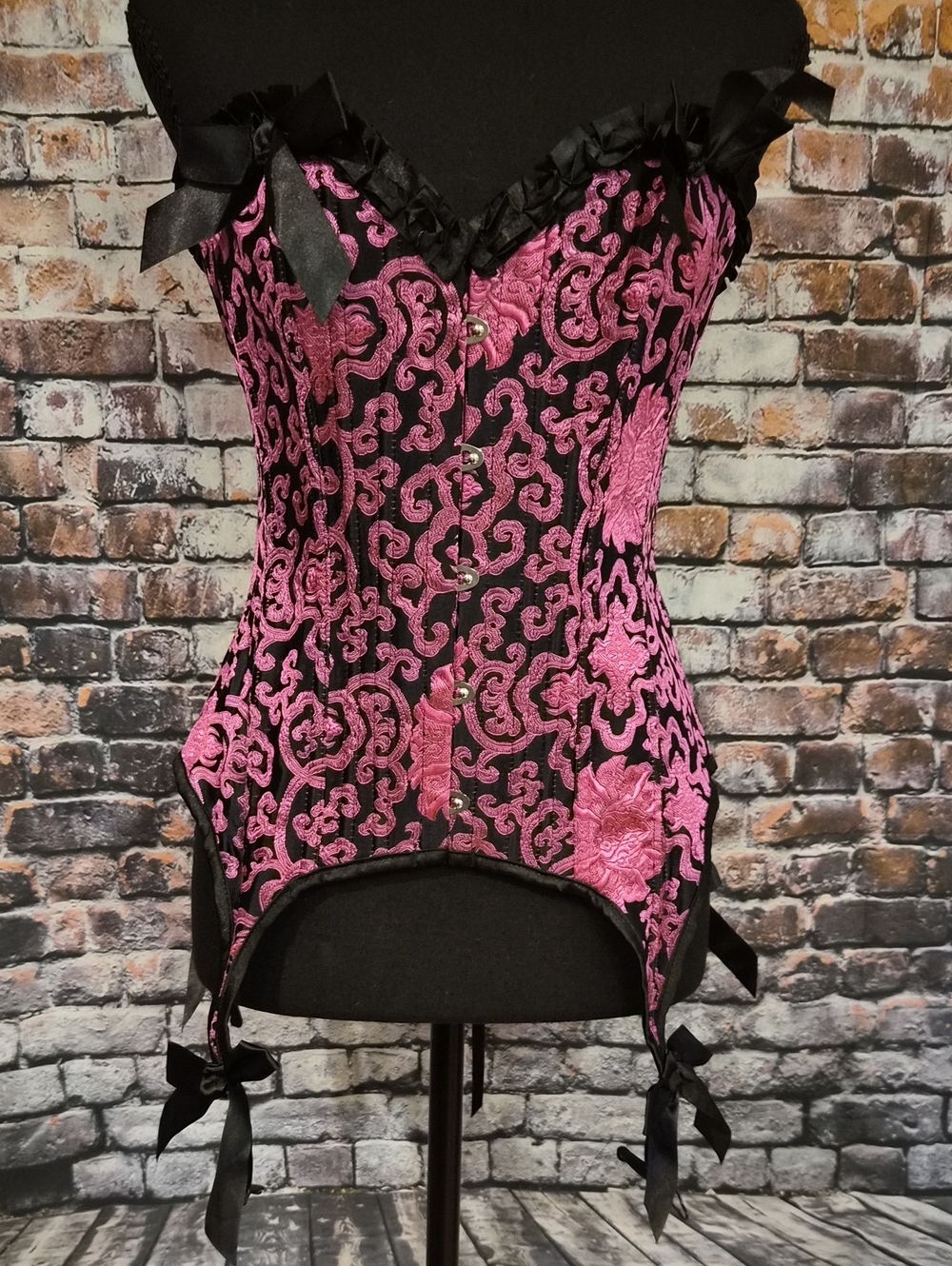 Velvet Kitten Pink and Black Floral Lace-Trim Garter Corset Bustier